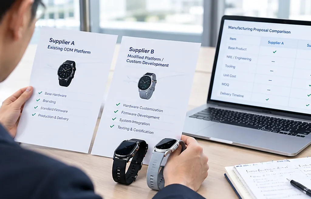 Smartwatch buyer comparing OEM and ODM manufacturing proposals and product samples