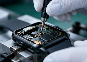 Illustration of precision assembly of smartwatch electronic components
