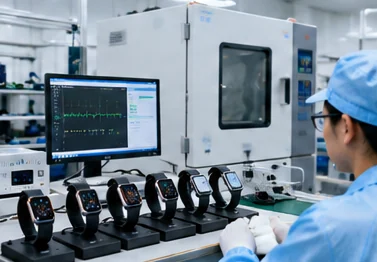 Illustration of smartwatch quality testing and inspection equipment