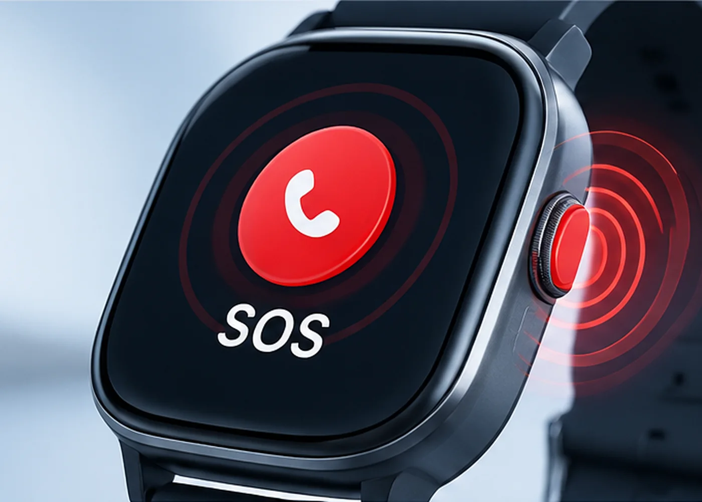 SOS smartwatch concept showing a red emergency button